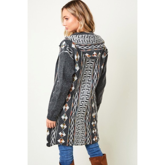SOLD OUT Gray Native Cowichan Aztec Hooded Cardigan Sweater - Picture 2 of 9